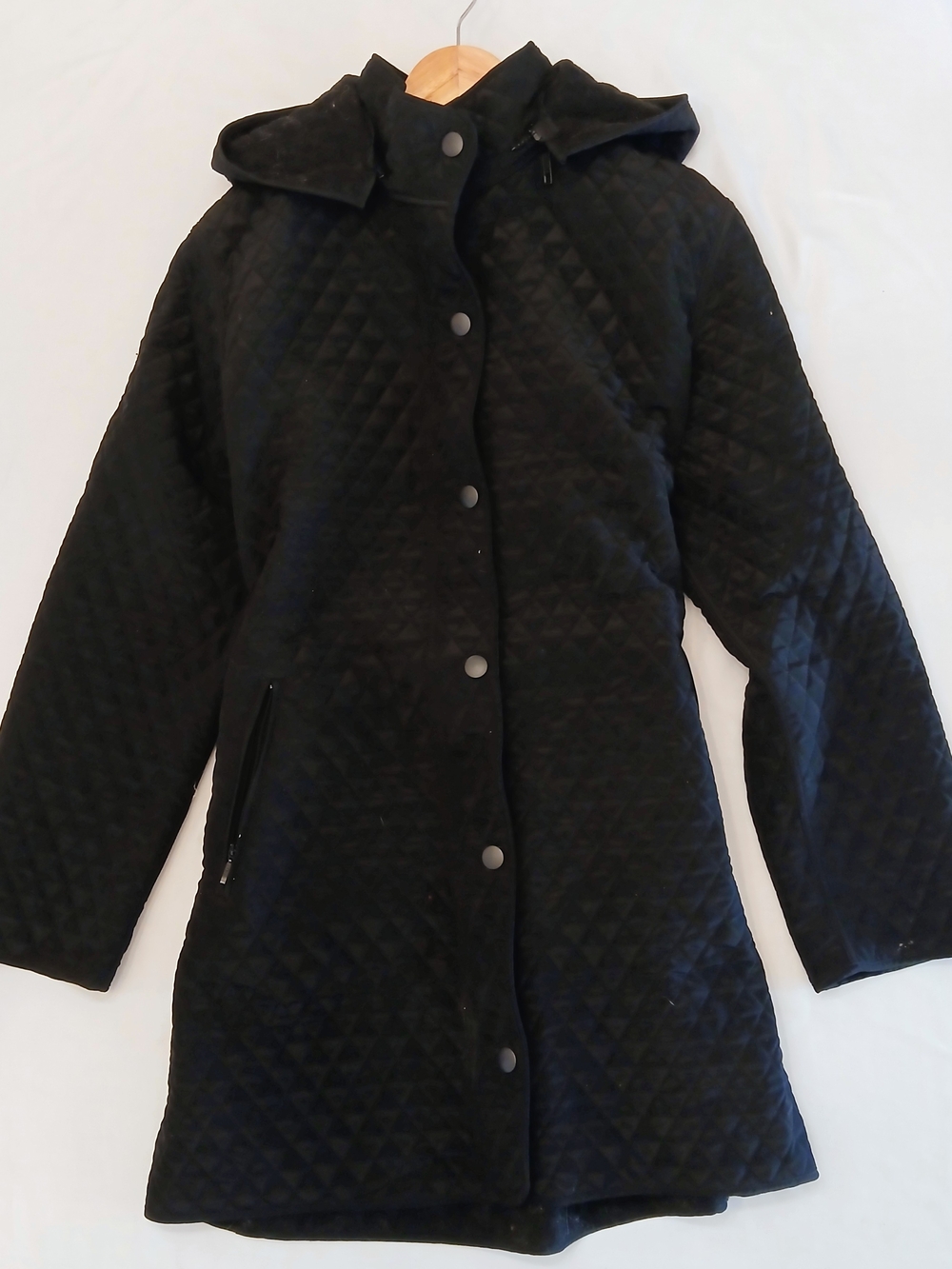 Hilary Radley Women’s Black Hooded Quilted Mid-Length Snap-Front Jacket
